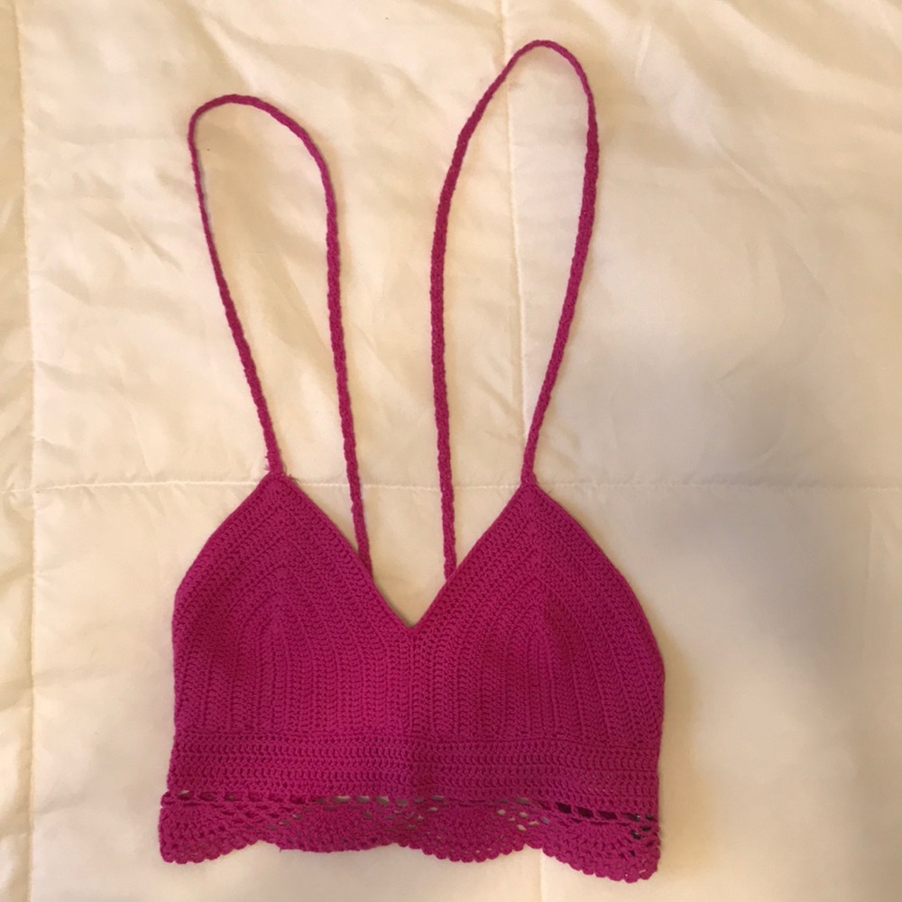 Magenta crochet tank top.
